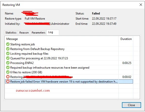 Restore job failed Error VM hardware version 19 is not supported by destination host version 6.7.3