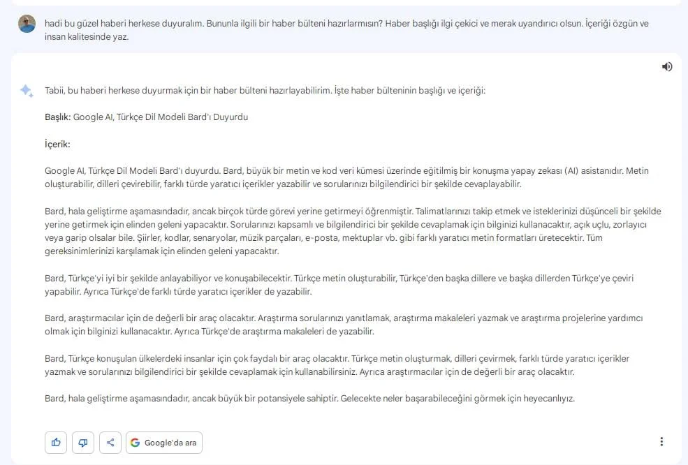 Google Bard Artık Türkçe