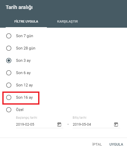 SEO Başarısı için Search Console’u Nasıl Değerlendirmelisiniz 3 tarih filtresi